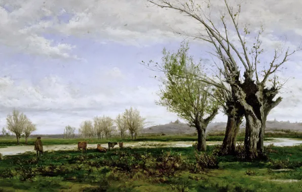 Картинка осень, пейзаж, река, дерево, корова, картина, пастух, Aureliano de Beruete y Moret