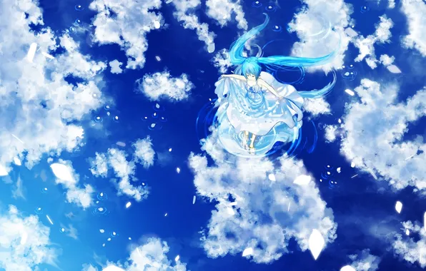 Картинка небо, вода, девушка, облака, отражение, аниме, арт, vocaloid
