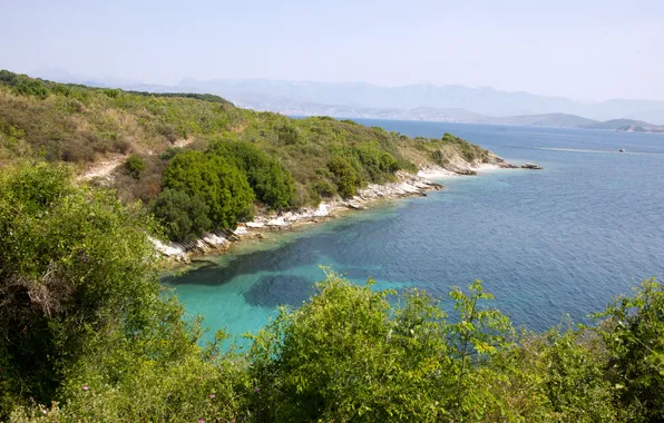 Картинка море, горы, берег, Греция, дымка, кусты, Corfu