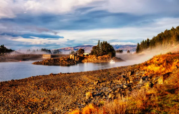 Осень, лес, деревья, природа, туман, река, камни, остров