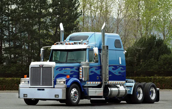 Картинка деревья, синий, грузовик, truck, тягач, western star, 4900, long haul