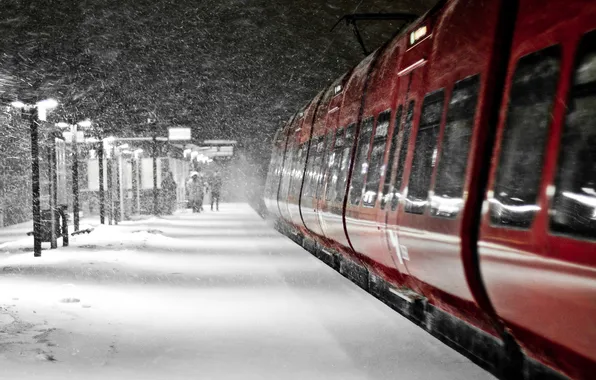 Люди, поезд, Зима, метель