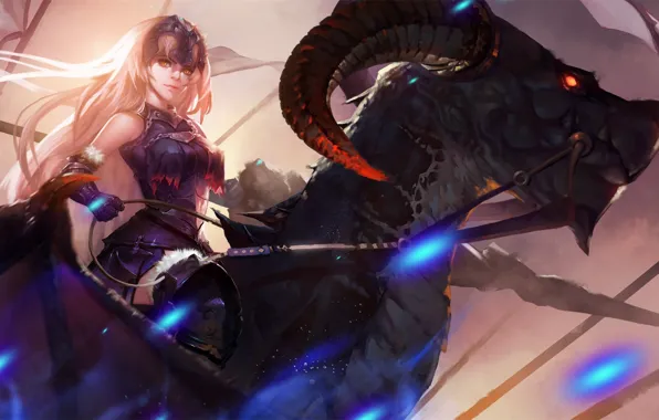 Картинка girl, fantasy, horns, armor, anime, red eyes, rider, dragon