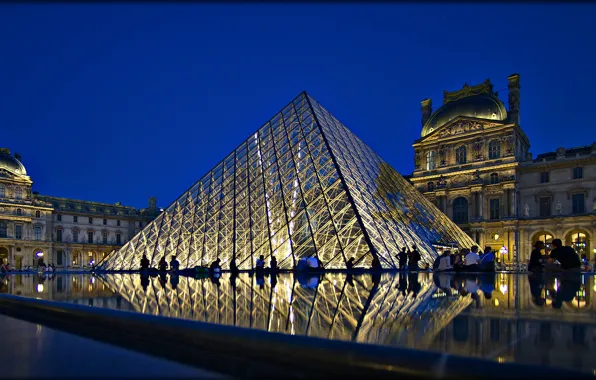 Картинка ночь, огни, Франция, Париж, дворец, Louvre