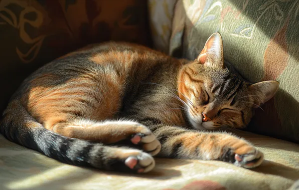 Кошка, кот, отдых, сон, кресло, лапы, спит, лежит