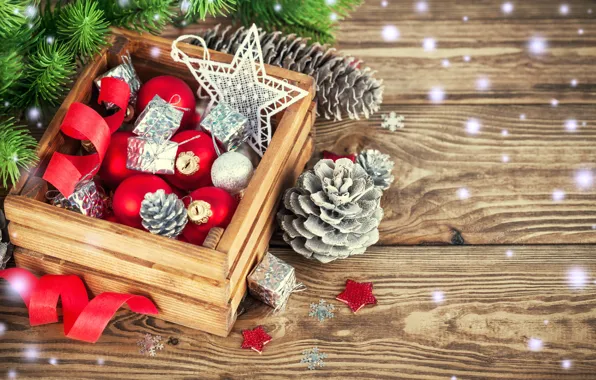 Картинка снег, украшения, шары, елка, Новый Год, Рождество, Christmas, wood