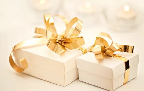 Ленты, праздник, свечи, подарки, белые, золотые, коробки, коробочки
