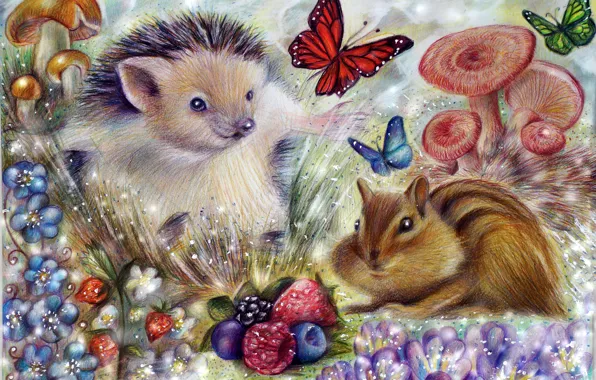 Картинка цветы, природа, ягоды, бабочка, грибы, арт, бурундук, живопись