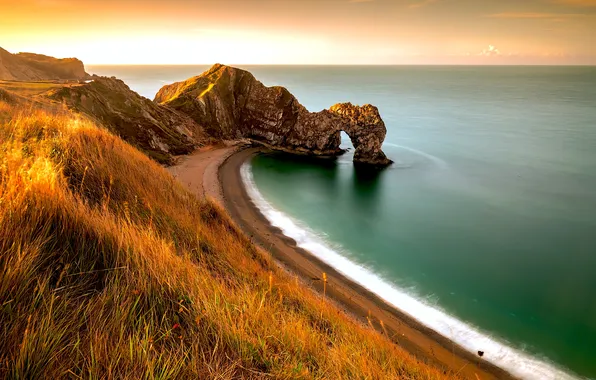 Картинка grass, landscape, nature, sunset, rocks, seaside, Sea, arc
