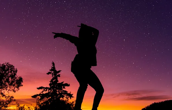 Dark, girl, twilight, sky, trees, woman, sunset, stars