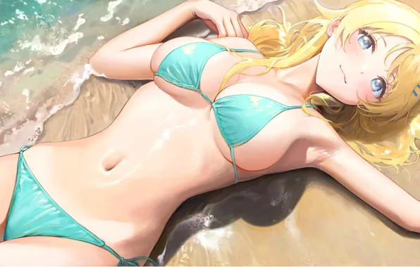 Girl, hot, sexy, wet, beach, ocean, boobs, anime