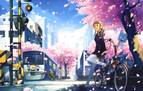 Девушка, велосипед, город, аниме, лепестки, сакура, железная дорога, пять сантиметров в секунду