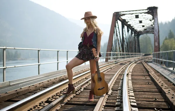 Playboy, guitar, hat, bridge, model, blond, necklace, outdoor