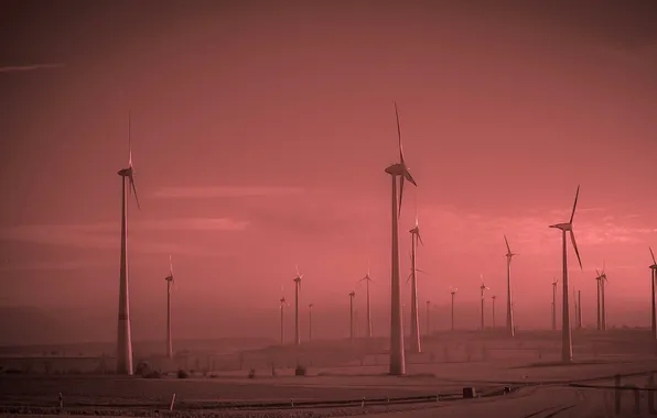 Картинка Германия, дымка, ветряная мельница, Тюрингия, ветроэлектрогенератор