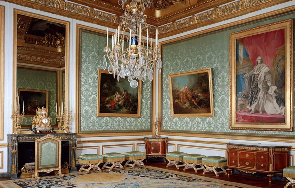 Картинка дизайн, Франция, интерьер, картины, зал, дворец, люстры, Версаль