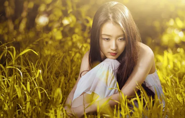 Girl, grass, long hair, dress, beautiful, model, pretty, garden