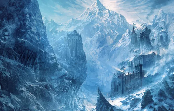 Картинка снег, горы, замок
