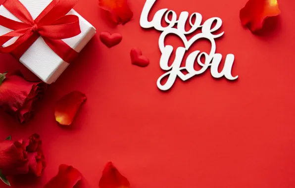 Подарок, Love, лепестки, red, rose, День Святого Валентина, petals, gift-box