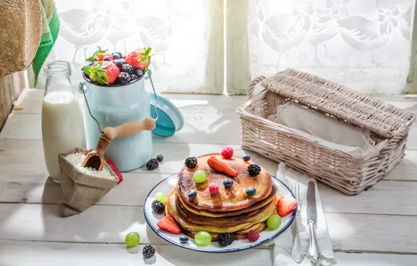 Картинка ягоды, завтрак, молоко, блины, выпечка, berries, breakfast, milk
