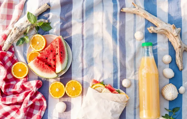 Пляж, лето, солнце, отдых, summer, фрукты, sunshine, пикник