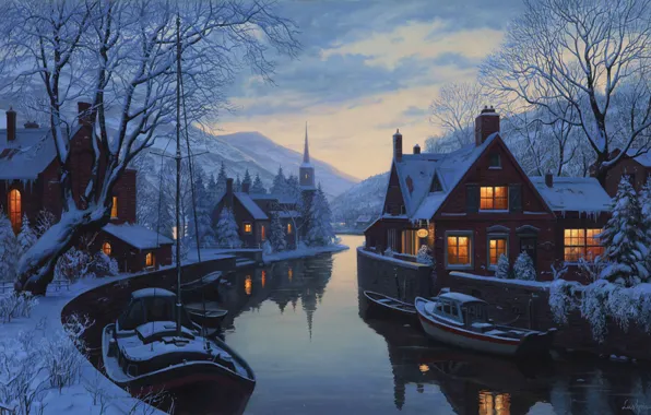 Картинка зима, снег, горы, река, дома, лодки, вечер, ели