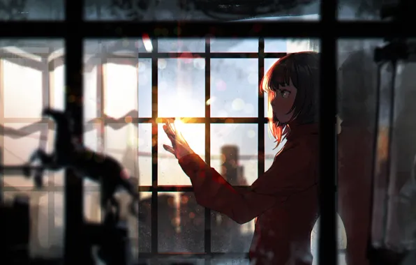 Картинка девушка, закат, аниме, окно, арт, sumiobunnya