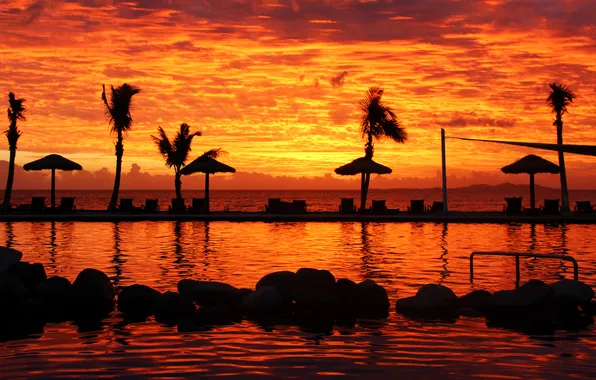 Закат, пальмы, океан, басеин, Fiji, Denarau Island