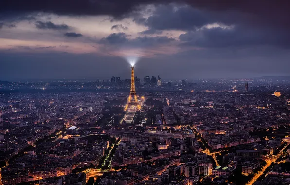 Картинка свет, ночь, город, огни, Франция, Париж, башня, дома
