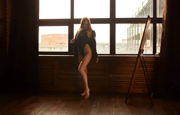 Model, women, window, brunette, mirror, hips, wooden floor, by the window