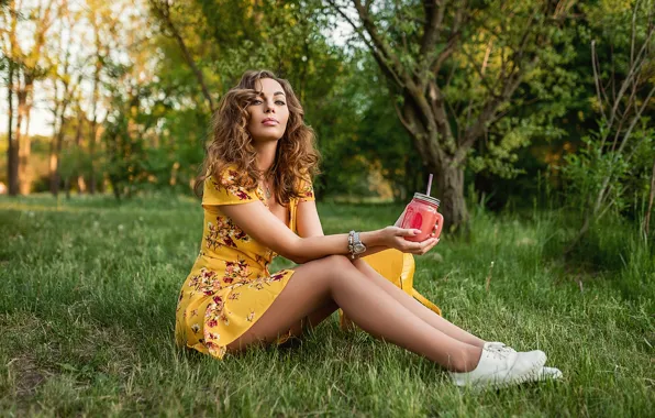 Grass, model, pretty, yellow dress, Георгий Дьяков