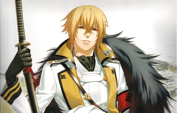 Картинка меч, парень, красные глаза, ухмылка, военный, блондин, Hakuouki, Hakuouki Shinsengumi Kitan