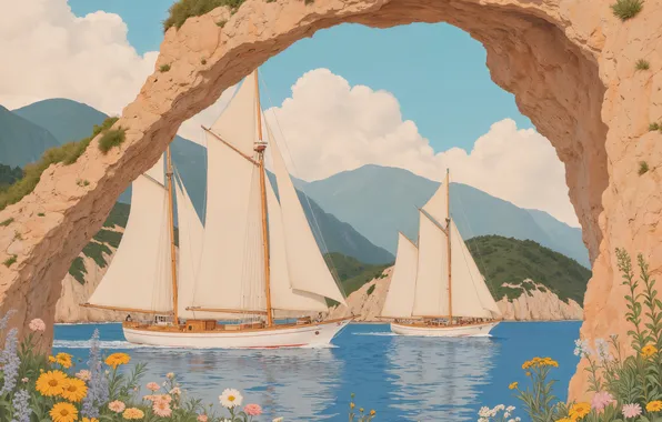 Море, лето, небо, облака, свет, цветы, горы, скала
