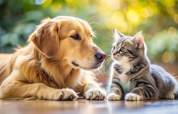 Кошка, взгляд, поза, котенок, собака, парочка, друзья, мордашки
