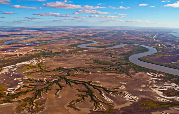 Картинка небо, облака, река, вены, долины