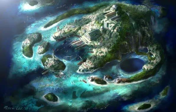 Картинка острова, город, маяк, лодки, водопады, бухты, гавани, Diablo 3 искусства
