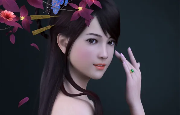 Картинка девушка, цветы, рука, кольцо, азиатка, рендер, zhang qiang