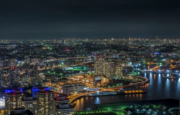 Ночь, огни, Япония, Токио, Yokohama Bay