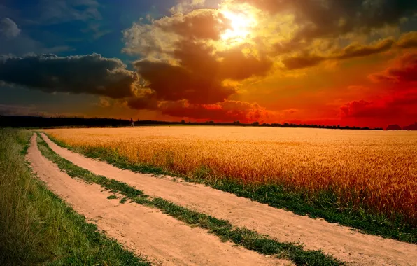 Картинка дорога, поле, небо, трава, солнце, облака, закат, природа