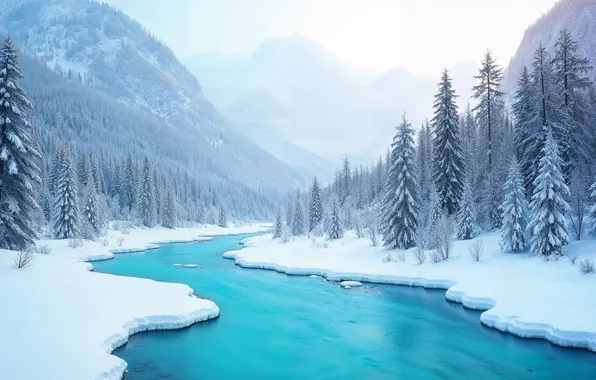 Зима, лес, снег, река, елки, forest, nature, winter