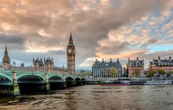 Картинка облака, мост, город, река, часы, Англия, Лондон, здания