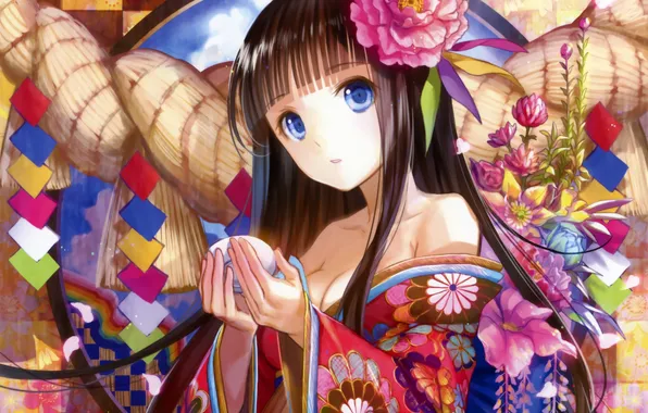 Картинка девушка, цветы, аниме, арт, кимоно, сидит, fuji choko