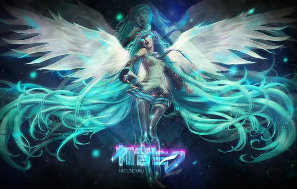 Картинка девушка, крылья, аниме, синие волосы, хвостики, Hastune Miku