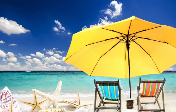 Картинка песок, море, пляж, солнце, звезды, зонт, шезлонг, ракушки
