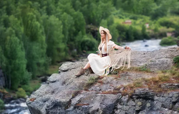 Взгляд, девушка, природа, река, скалы, модель, высота, шляпа