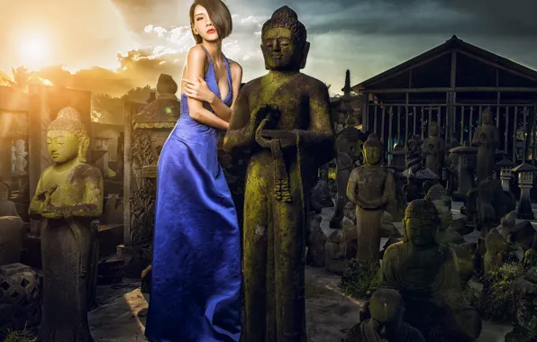 Девушка, платье, азиатка, статуи