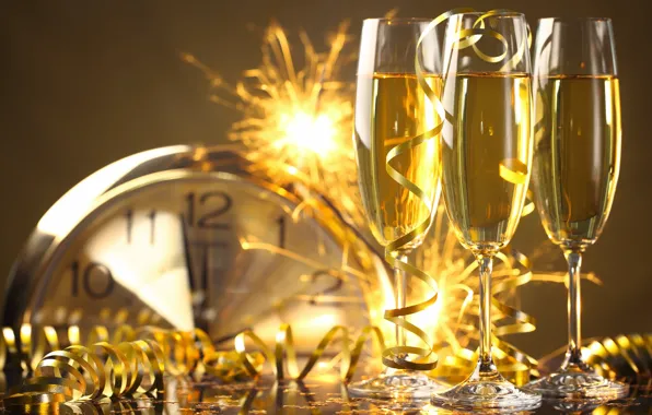 Картинка Новый Год, бокалы, golden, шампанское, серпантин, New Year, celebration, holiday