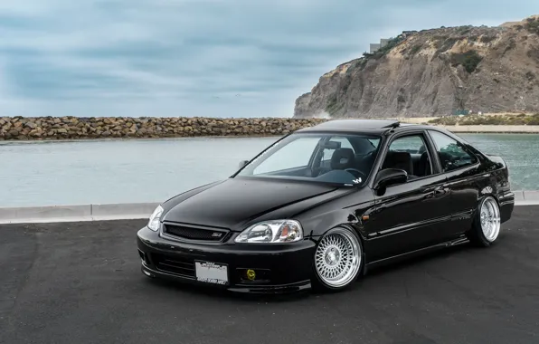 Rock, wheels, honda, black, sea, japan, jdm, tuning