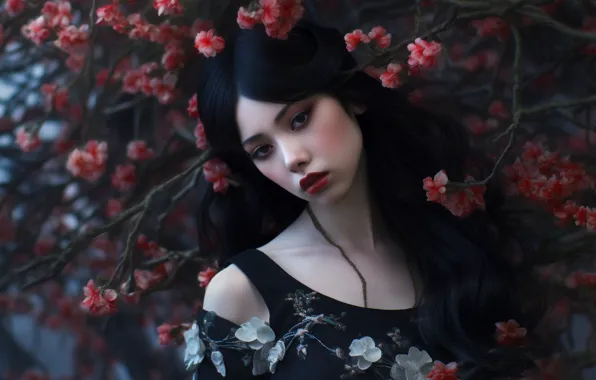 Картинка девушка, лицо, образ, азиатка, цифровое искусство, ИИ-арт, Искусство искусственного интеллекта, НЕЙРОСЕТЬ