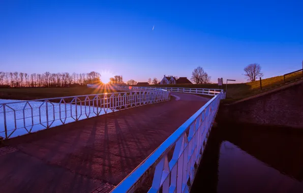Солнце, мост, канал, Нидерланды, Голландия