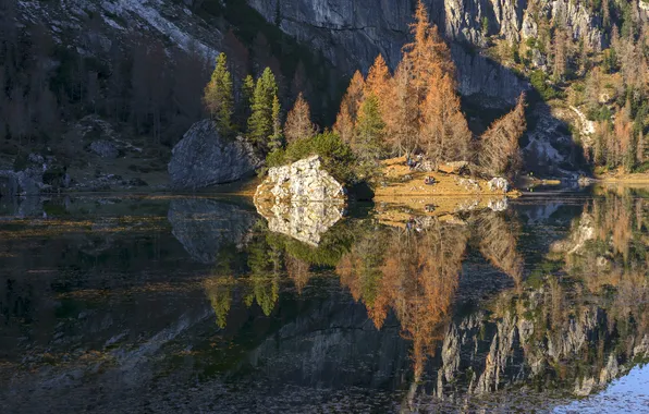 Rock, trees, water, reflection
